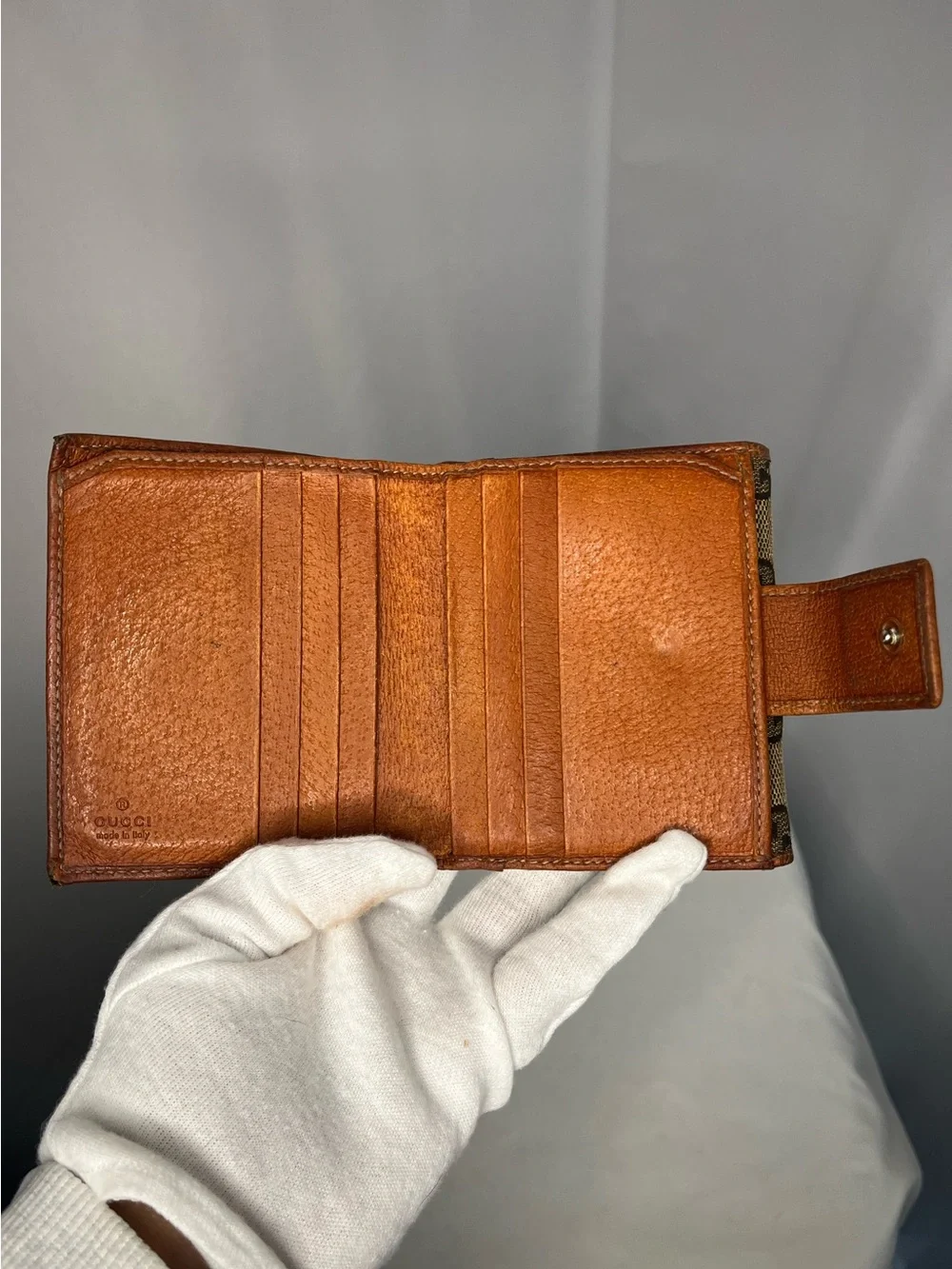 Gucci GG Canvas Bifold Wallet - Brown with Tan Trim & Gold Plate